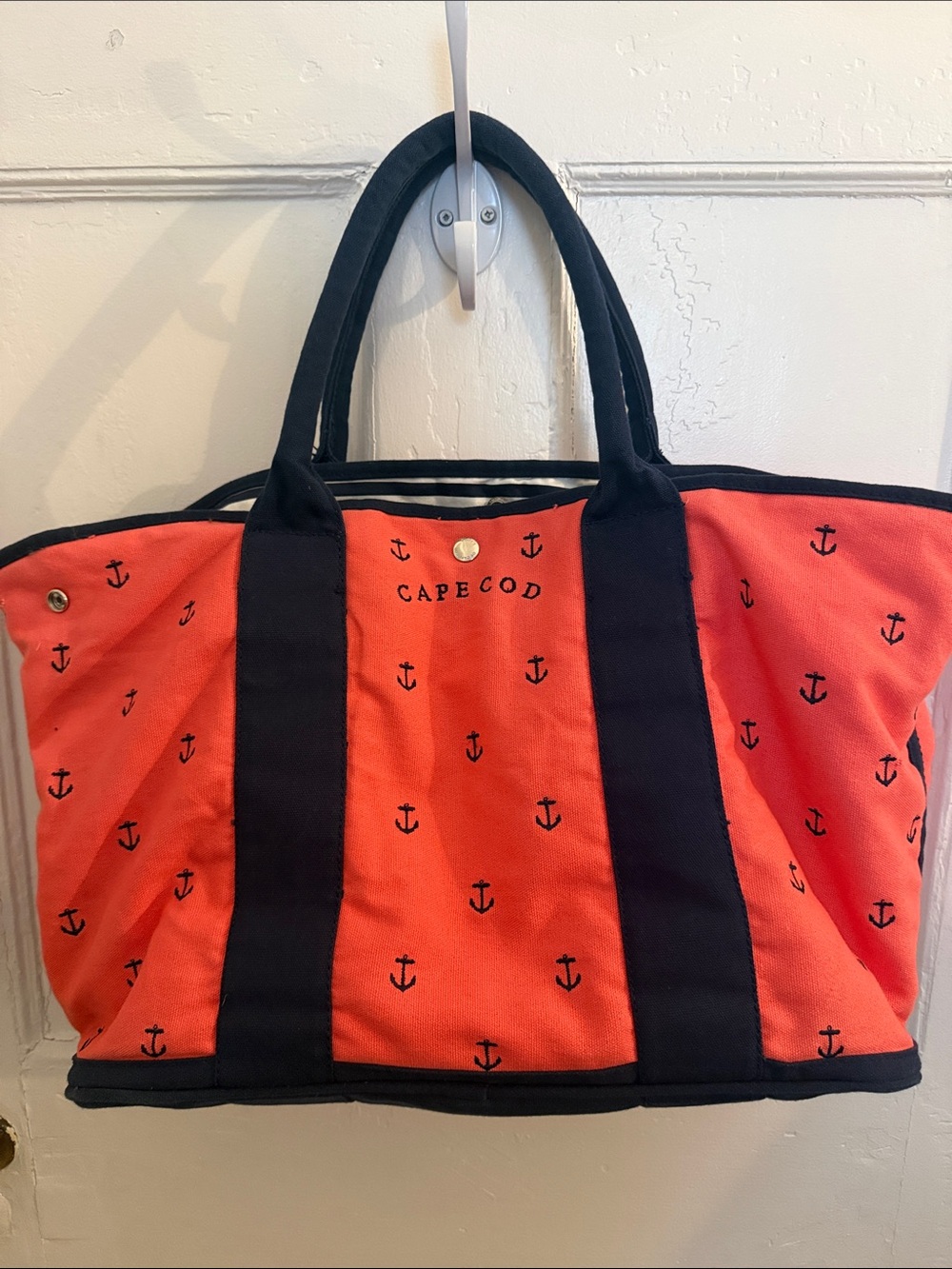Cuffys CapeCod Coral Canvas Shoulder Tote with Navy Trim